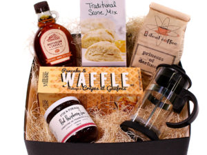 Box with maple syrup, waffle mix, jam, and coffee