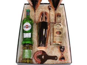 Box with shaker, glasses, Martini and more